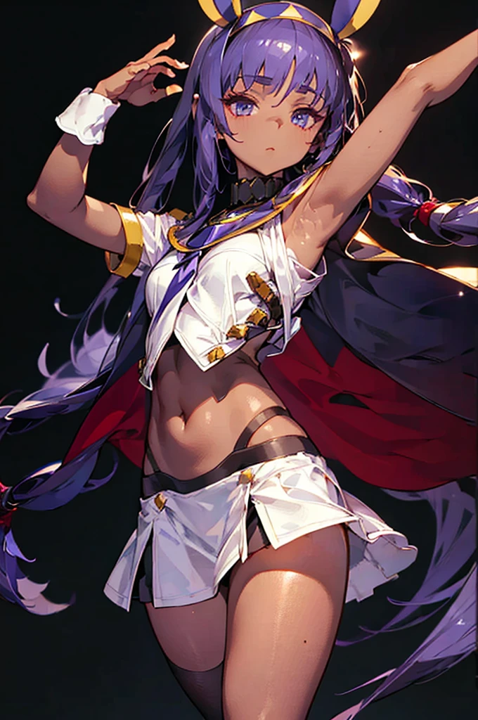Black background with spotlight, Long eyelashes, Black background with spotlight, White jacket、White mini skirt、Nitocris, beautiful girl、Raise your arm and show your armpit., Brown Skin