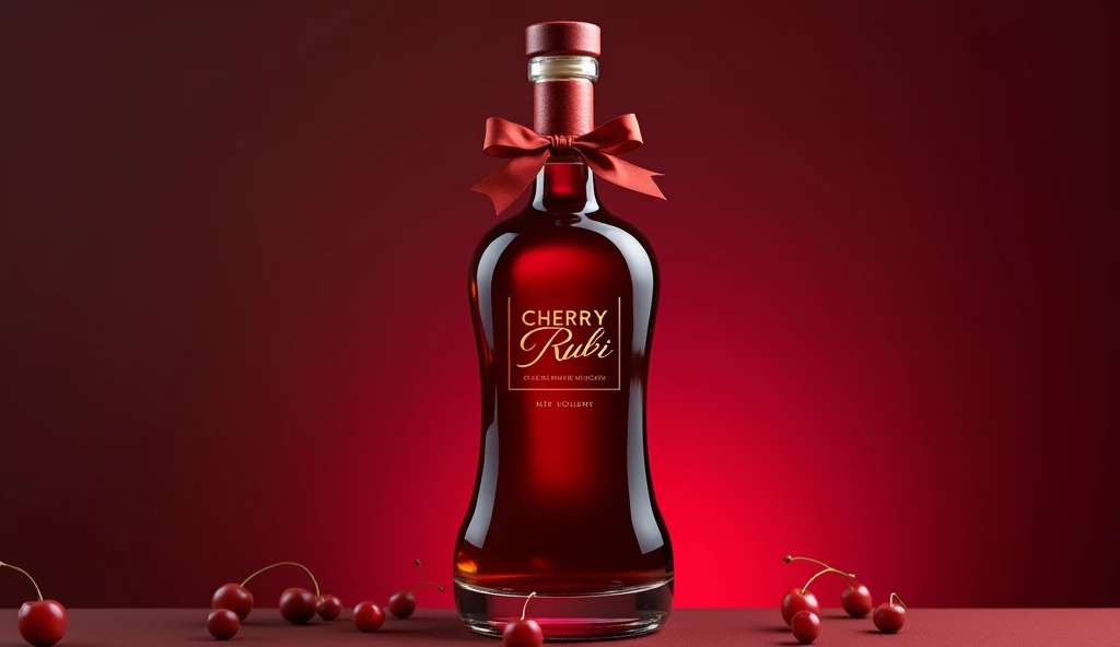 create a glass bottle for a cherry liqueur company, the name is: Cherry Rubi. The must transmit: elegance sophistication.
