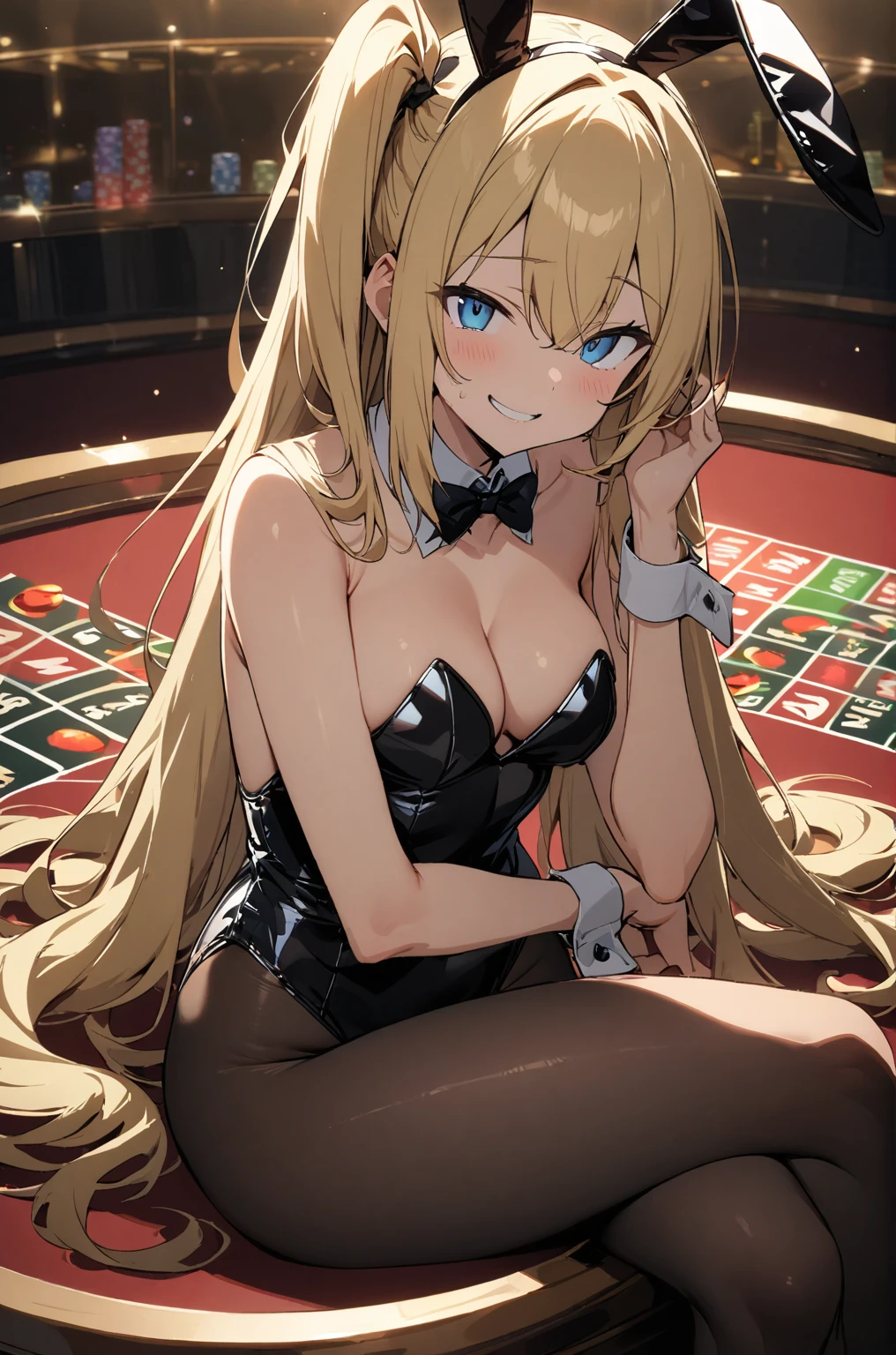 masterpiece, best quality, cinematic lighting, 1girl, a handsome girl, cowboy shot, looking at viewer, in casino, blonde hair, very long hair, long side up hair, long side ponytail, blue eyes, droopy eyes, naughty smile, black playboy bunny, black pantyhose, fake animal ears, black bunny ears, clothes reflecting light, /sitting, crossing legs/