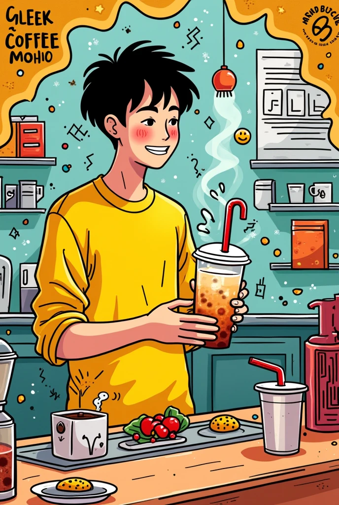 A clerk with yellow shirt in a coffee shop is making bubble tea.doodle in the style of Keith HaringMBE style illustration dribbble.bold lines.mixed patterns.text and emoji installations.boy