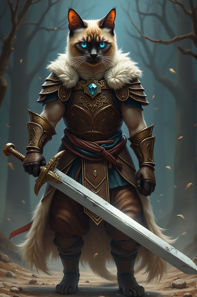 A Siamese cat warrior holding a giant sword, tall and tall, wearing brown armor, full figure, cool pose, realistic movie style. Fighting posture ready for battle