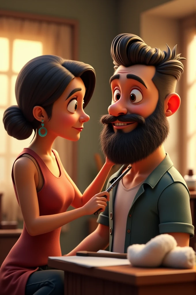 Woman shaving beard of animated man 