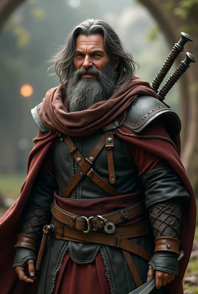 (photorealism:1.2), a former Thief turned good, fantasy world, rugged beard and hair, cheerful demeanor, with leather armor, scarf, cloak and daggers.