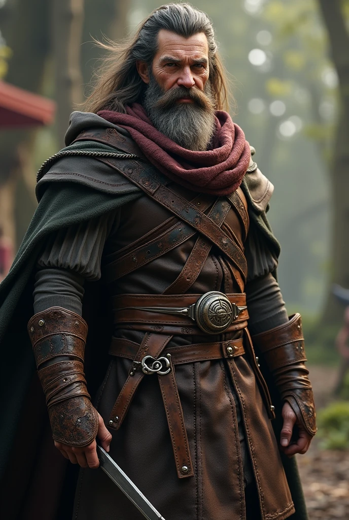 (photorealism:1.2), a former Thief turned good, fantasy world, rugged beard and hair, cheerful demeanor, with leather armor, scarf, cloak and daggers.