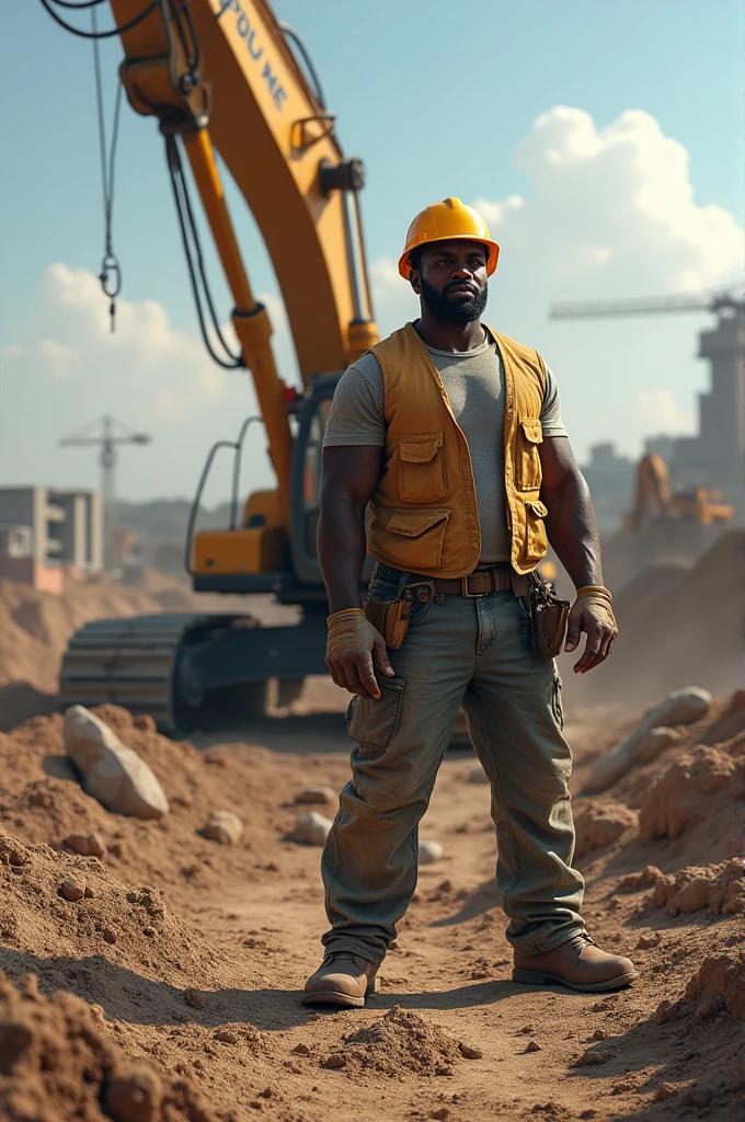 Black man with a construction helmet near a digger