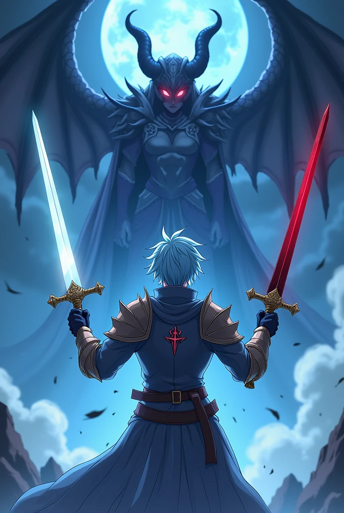 A male anime character with light blue hair. He is a brave knight. His weapons are two holy swords. The first one is a pure white sword with a light aura. The second one is a pitch-black sword with a dark aura. The hero stands facing the female demon lord.