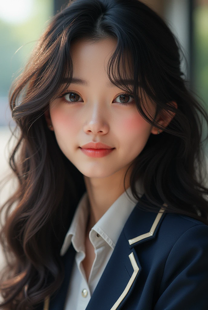 A girl with long brown-black hair draped loosely, slightly curly at the ends of her hair, spring, (((college JK uniform))), wind blowing away hair, slim figure, bumpy figure, wind and sun, background college, raindrops, delicate 2/3 body details, front photo, close-up, smile, eyes walking, (top CG) (4K high resolution), (delicate body close-up) {{{by famous artist}}}, colorful, colorful, ripple, surreal and realistic, top CG rendering, Highest quality, masterpiece, 8k, Gongbi drawing, James Jean, Rutkowski, fluid acrylic, gradient, liquid rococo fractal, Artgerm, WLOP, Rutkowski, fractal, octane