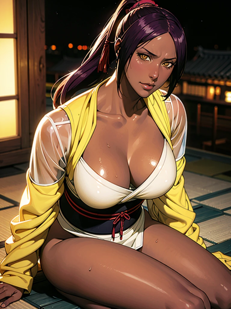  ((Master quality, 8K, masterpiece:1.3, ultra-detailed, high resolution, RAW Photos, detailed , blurry, Actual, hyper realistic, photo, HDR)), BREAK, Anatomically perfect, perfect hands, perfect legs, perfect feet, detailed eyes, BREAK, One person alone, yoruichi shihouin, long hair, (yellow eyes:1.5), ponytail, purple hair, (((dark skin, dark-skinned female))),, BREAK, beautiful face, beautiful detailed eyes, ( , Waist-deep in the hot spring), , ( Round and Stacked Breasts ), Cleavage, abs, seductive  smile:1.5, Sweat-soaked skin, BREAK, wearing( traditional chest wrap , Japanese Loincloth, Wet, see-through clothes), , Graffiti art, BREAK, ( Random Angle, full-body, ), dynamic angle, , background(Realistic , cinematic lighting, depth of field, night , the full moon,, Samurai residence city atmosphere, hot spring , Rising steam, light particles)