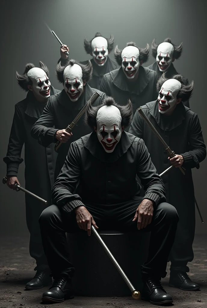 A gang of killer clowns praising the number 3, full of weapons, black andwhite, 4K 