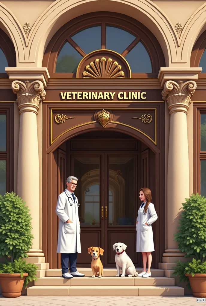 Front facade of a veterinary clinic, veterinarians, dogs, cats, name of Silva Veterinary Clinic



