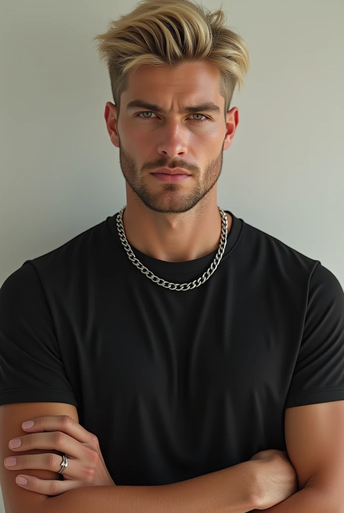 Create a realistic image of a boy, handsome and slim, with light blonde hair, short and combed to one side. The man has a serious but attractive expression, with honey-colored eyes that capture the light. Está ligeramente shaved off, showing a slight shadow of beard, and wears a thick silver chain around his neck. The man is wearing a tight black t-shirt that highlights his build and has his hands visible., posed naturally in front of him or to the sides, with a relaxed posture. The background should be simple and neutral, allowing the main focus to be on the man's face, Her hands, and their facial details. short hair (shaved off) (delgado) whole body