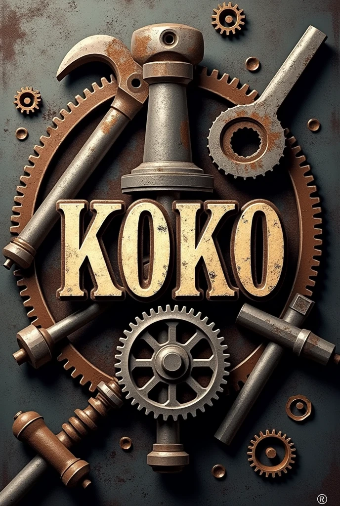 Beer label manly, rugged, the name Koko as a centerpiece, tools, gears