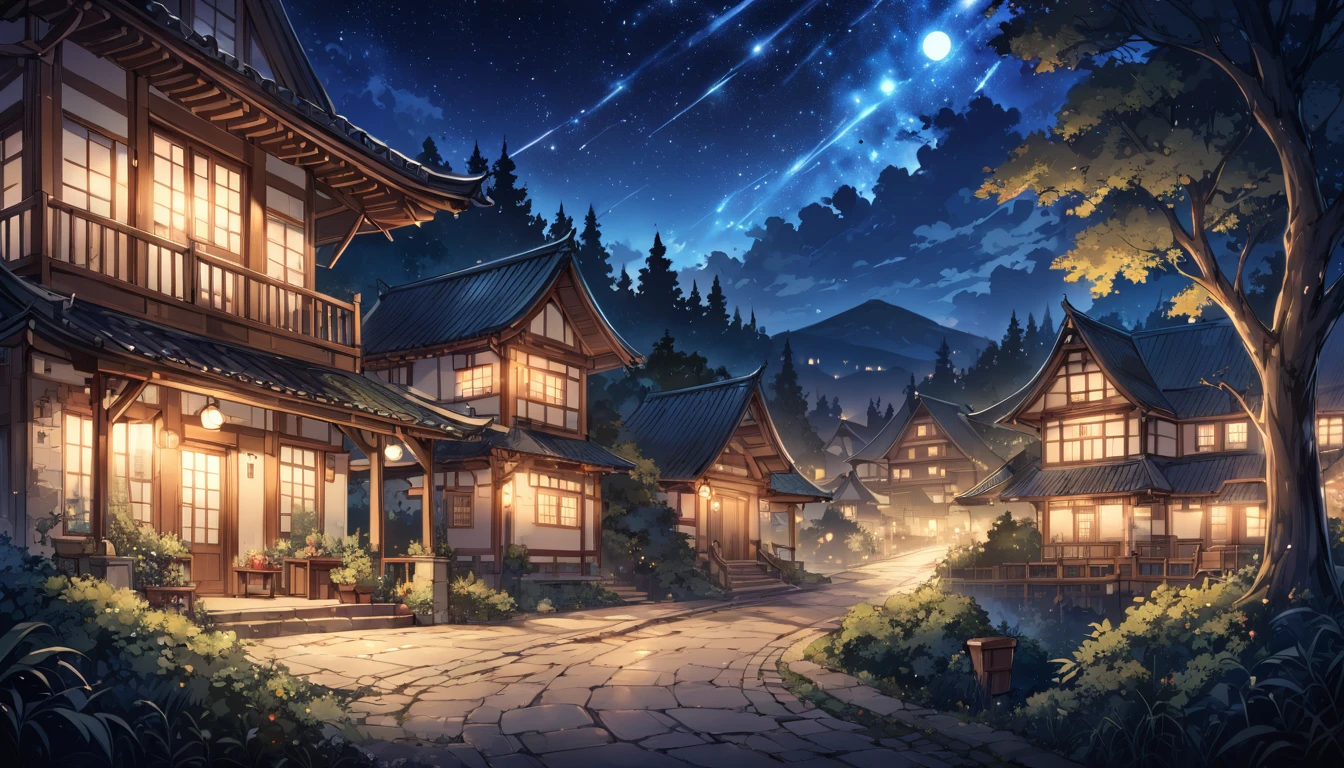 masterpiece, best quality, number, illustration, Anime style background, landscape, Low exposure, 4K resolution, Extreme details, Very detailed, night, light, Trees, Comfort, architecture
