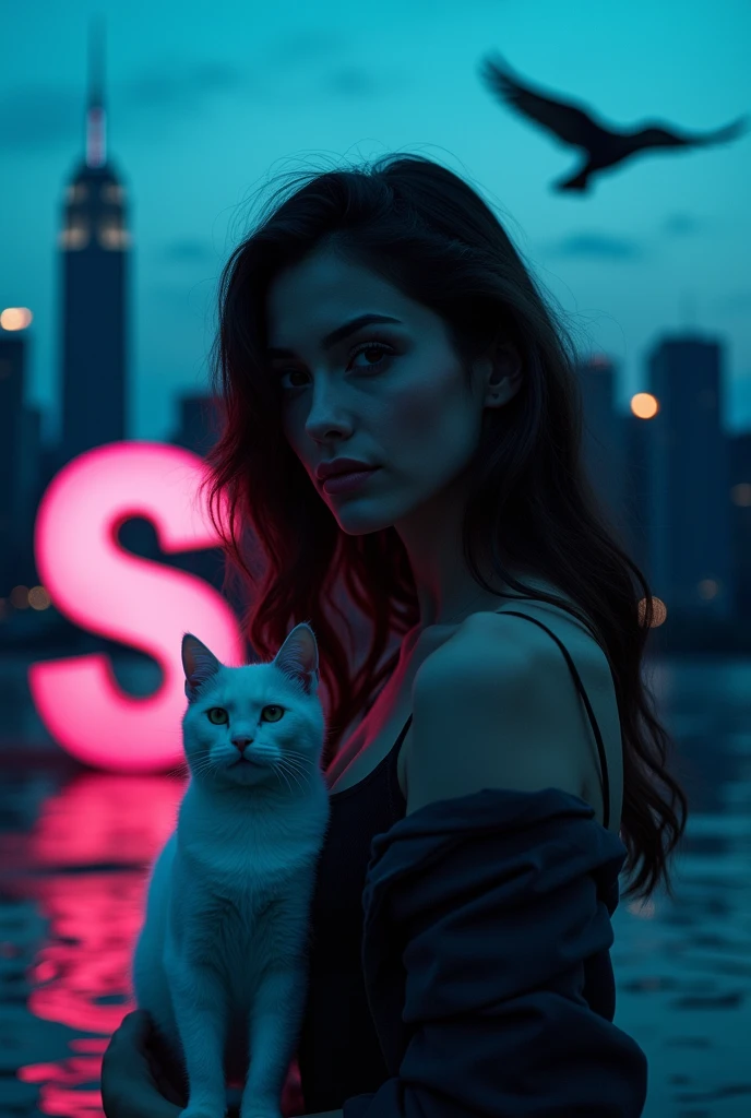 Beautiful weman dark photo, left side 3D letter s colour pink,and White cat,background city, sky blue bird fly
