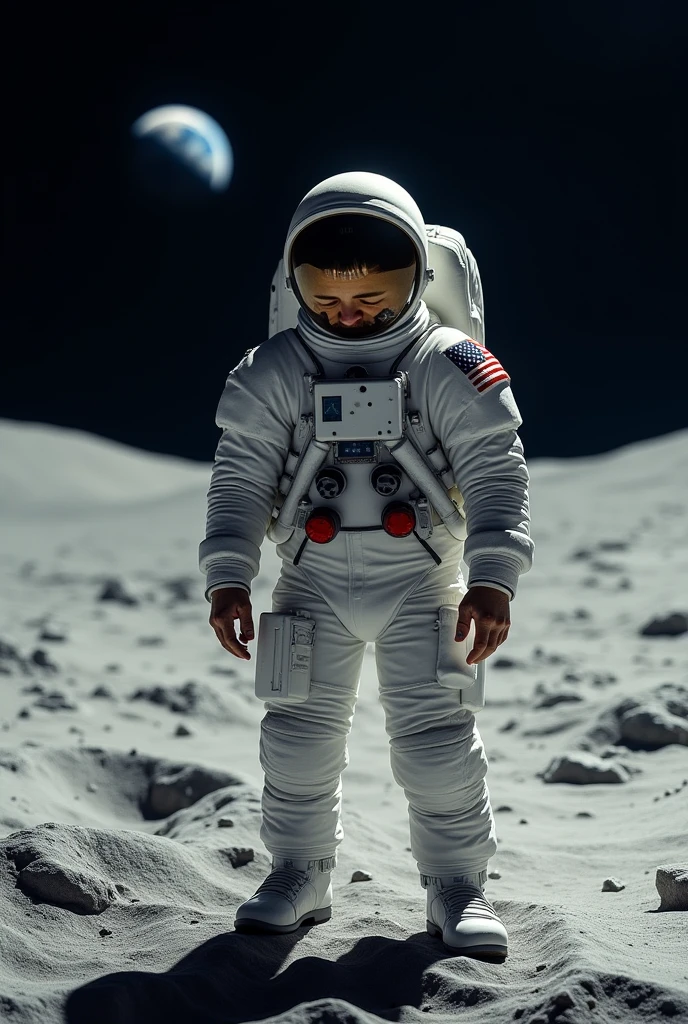 An astronaut wondering why he went to the moon without any underwear