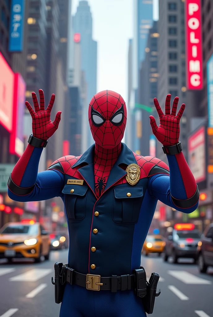 Spider-Man is standing at the red light square and giving stop instructions to the traffic in the traffic police dress.(full image)
