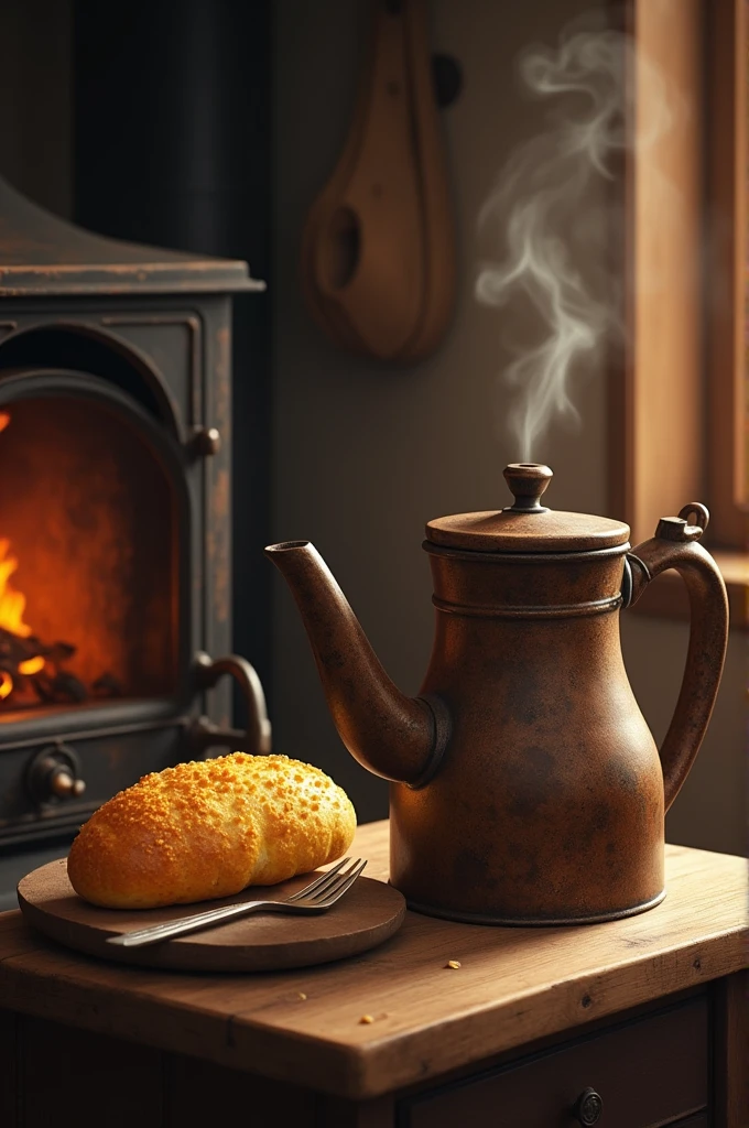 Coffee pot on the wood stove and cornmeal bread
