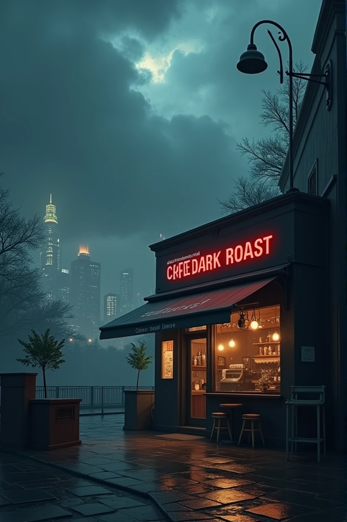 Create a book cover mockup with a cloud-covered city background that focuses on a cafe called The Dark Roast, leave space for the title of the book "Coffee And Conspiracy" And the author&#39;s name "On Oktra"