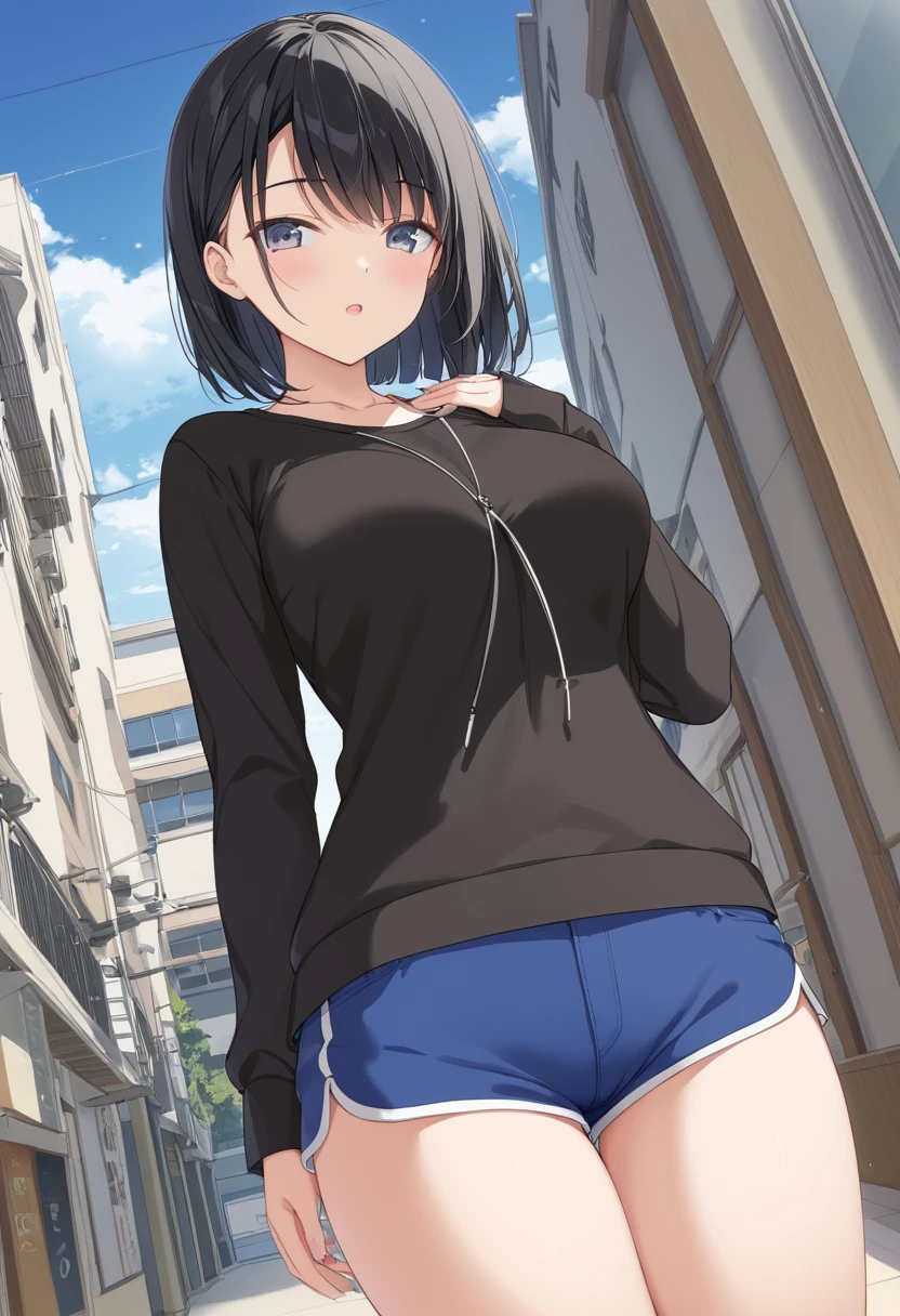 solo, standing, looking at viewer, outdoors, sunny, normal angle, contrapposto, clear background, smile
<lora:Yoon-Ha:0.8>, choi yoon-ham, hands on hip, blush, hood down