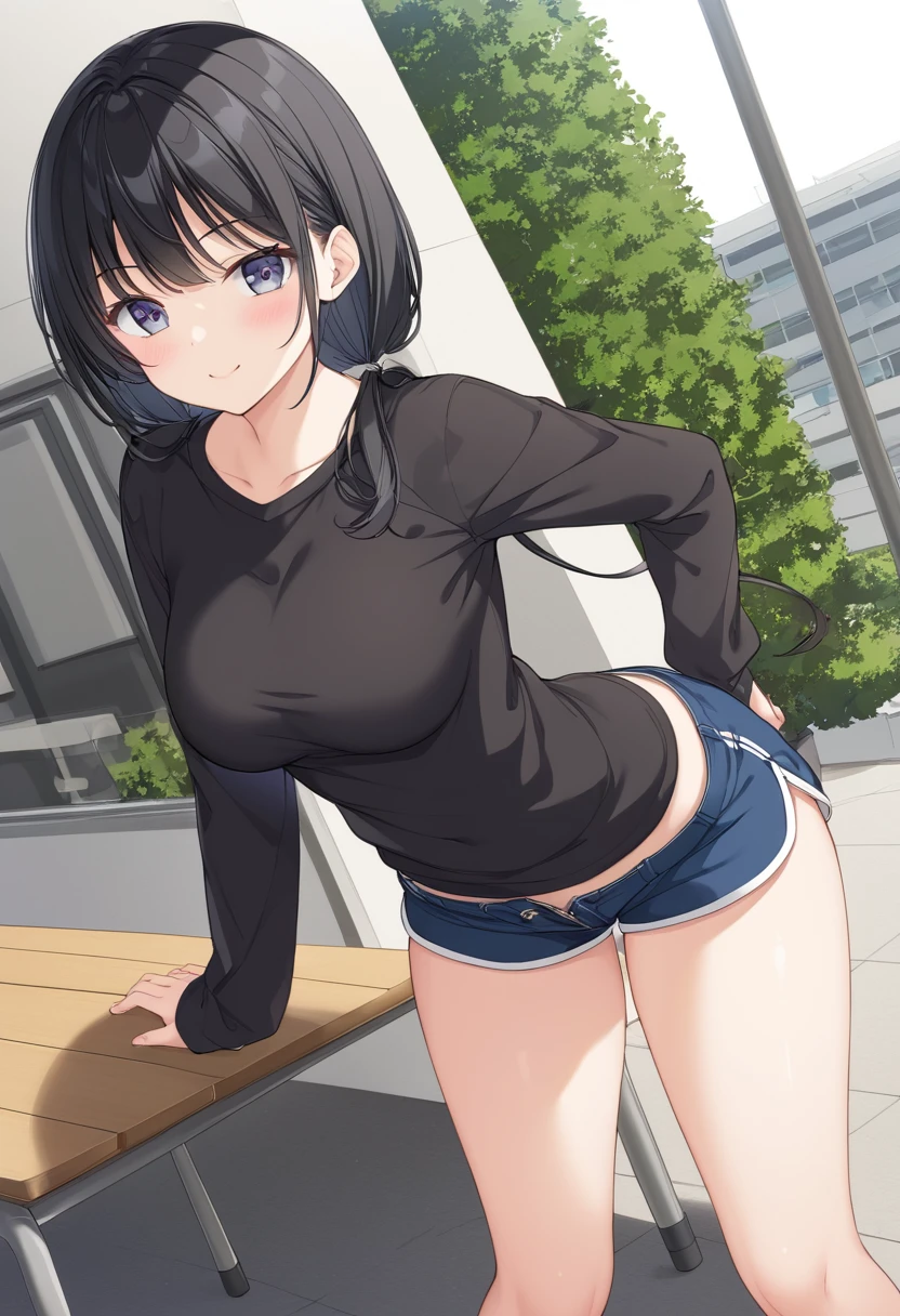 (long shot,wide shot),(best image quality, 4k, high quality, masterpiece::1.2), ((masterpiece)), high detail, high quality, best image quality, ((high quality, )), cute, , low length, medium breasts, Bokeh, degrees of freedom, portrait, 
18-year-old,(black knee high socks:1.3), (black hair:1.5),(short hair, Soft perm:1.3),
(cute illustration:1.2), High resolution, Super detailed, 最high quality, Anime girl posing for photo,anime moe art style,Best Anime 4K Kona-chan Wallpaper,Anime drawn by Mr. Shimoo,
smile,(black hoodie:1.2),(pull panties,undressing:1.3),(white panties:1.2),(full body:1.2),(garden:1.3),(In the crowd:1.5)