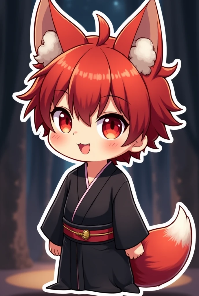 Cutie Sticker Chibi boy red hair red eyes fox ears brown skin black kimono dark background no tail