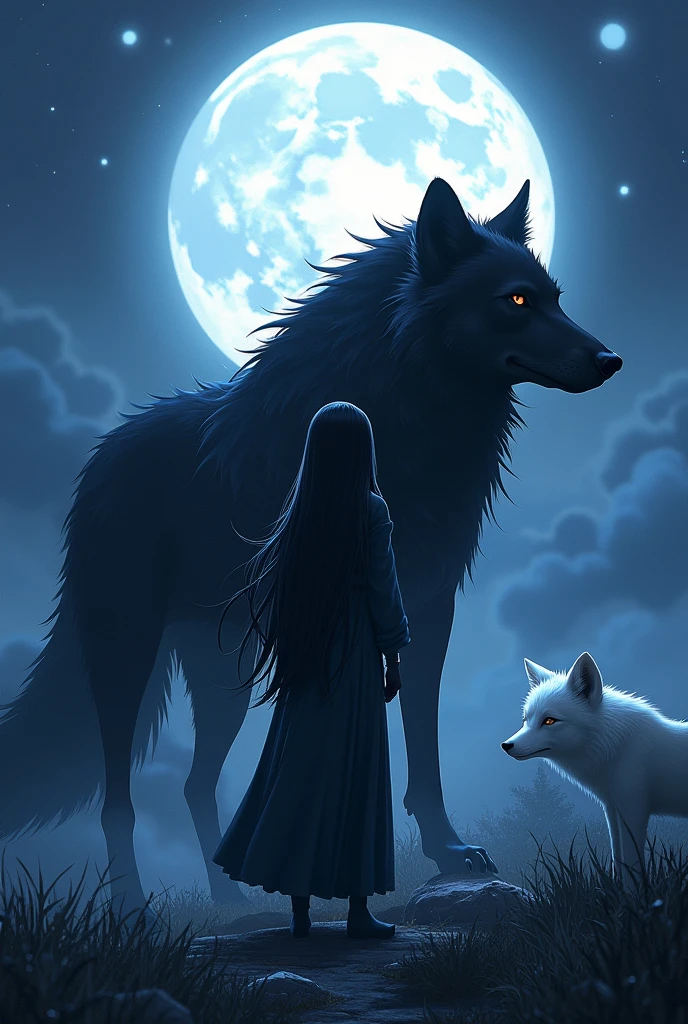 Anime character with black hair and black wolf before the full moon, by Yang J, fantasy fox love, White-haired fox, white fox anime, Anime fantasy illustration, White fox, art of silverfox,Best quality, Masterpiece, Ultra-high resolution, (photograph realistic:1.4), Ultra-realistic realism, Dream-like,fusionart, Shadowdancer, shadow magic, darkness control, stealth, shadowstep, umbral spells,