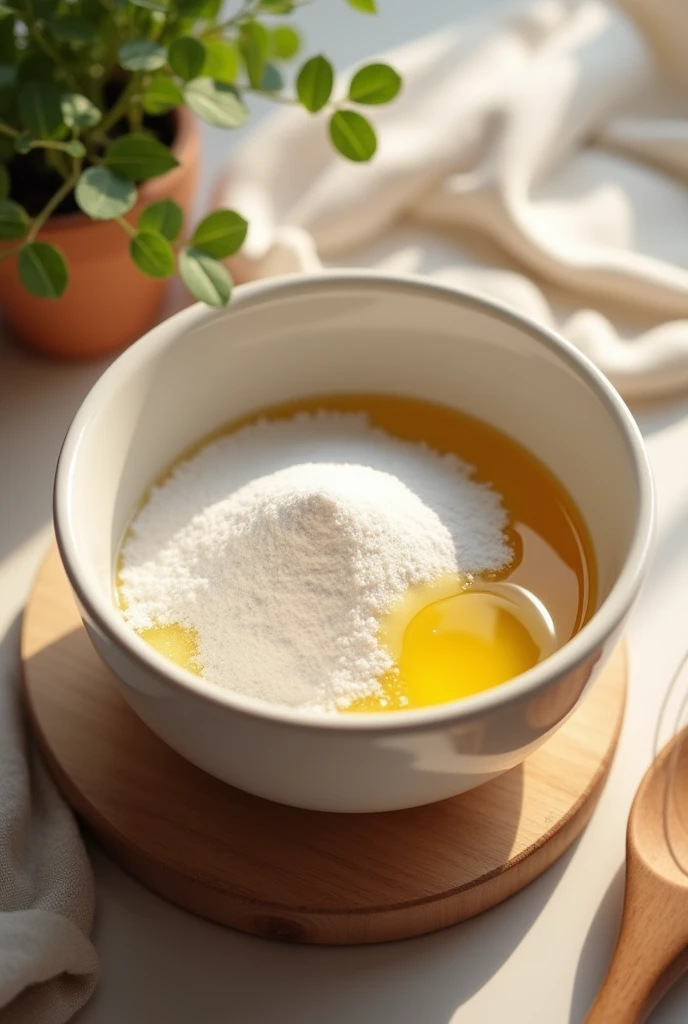 Putting sugar and oil on a bowl for making cakes. (Drawing)