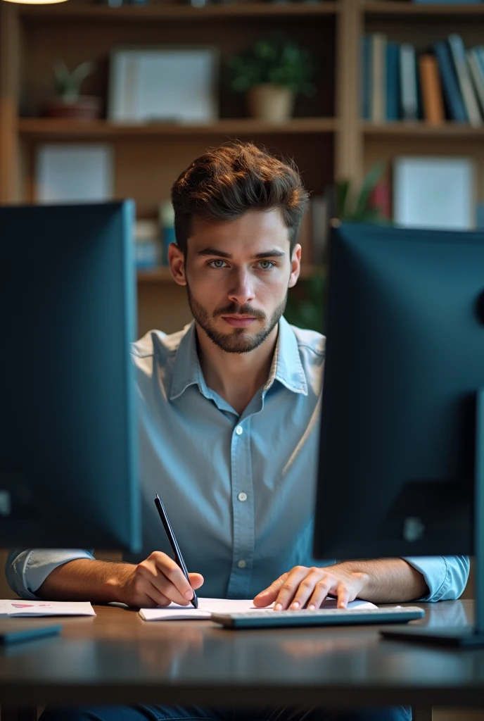 A scientific 23 year old boys front of the computer setting in chair face front of you