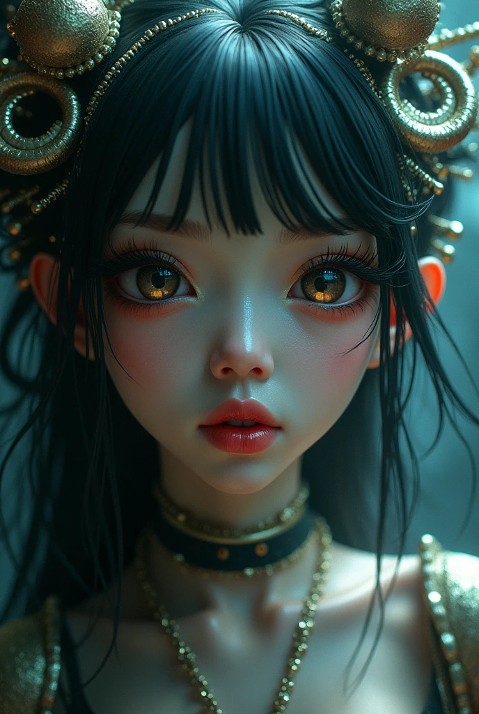 A futanari girl, beautiful detailed eyes, beautiful detailed lips, extremely detailed eyes and face, long eyelashes, highly detailed, intricate, photorealistic, 8k, hyper-realistic, masterpiece, vibrant colors, cinematic lighting, fantasy, dark, surreal, mysterious