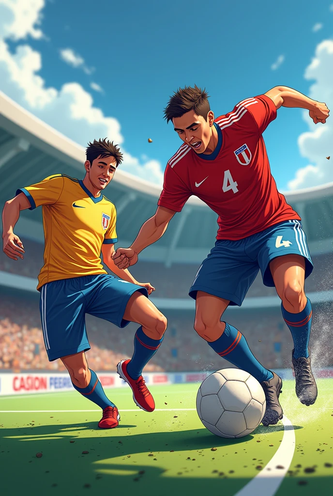 The ball moves quickly across the field, being intercepted by Franklin (#4) who makes a long pass to Jesus (#3). The animation shows the ball flying through the air with a curved trajectory effect., highlighting the precision of the pass. The background is blurred to focus attention on the action COMIC FORMAT ON A FUTSAL FIELD