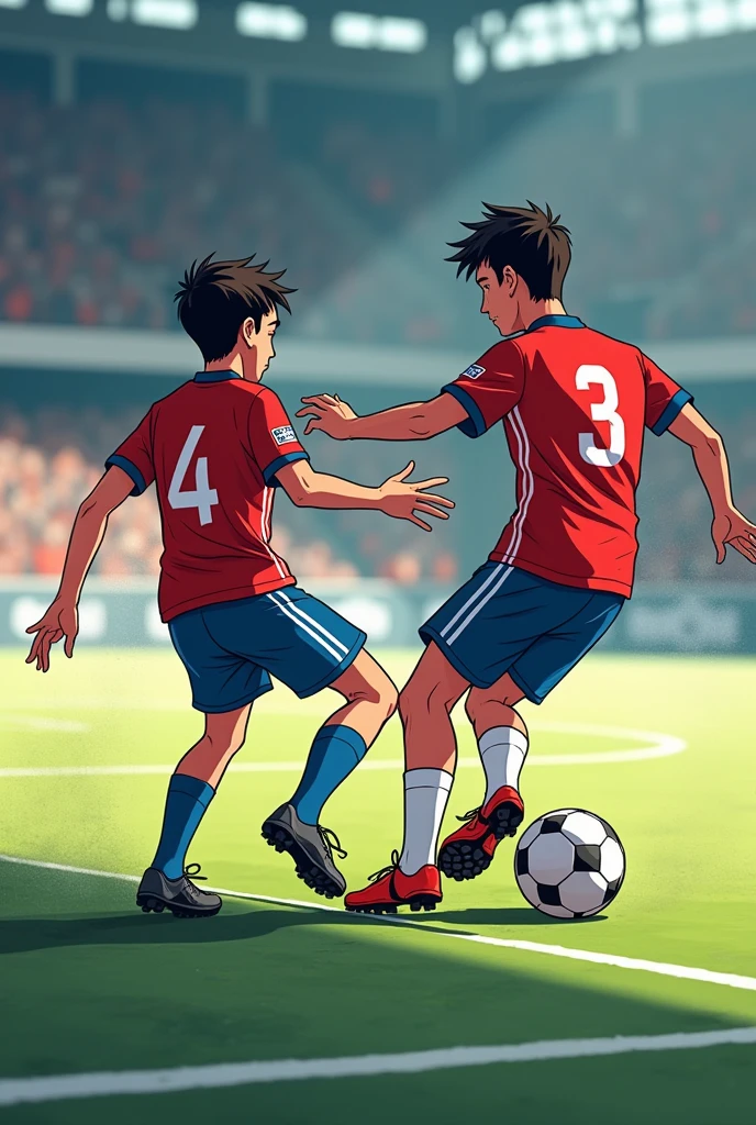 The ball moves quickly across the field, being intercepted by Franklin (#4) who makes a long pass to Jesus (#3). The animation shows the ball flying through the air with a curved trajectory effect., highlighting the precision of the pass. The background is blurred to focus attention on the action COMIC FORMAT ON A FUTSAL FIELD