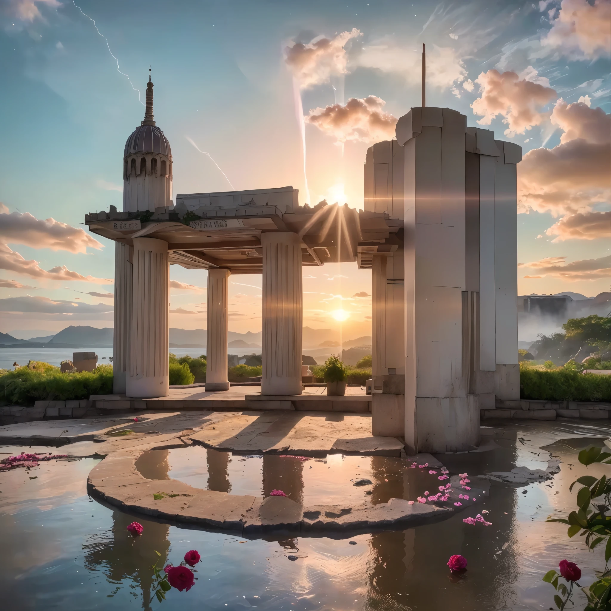 (8k, highest quality, masterpiece, final fantasy style: 1.2), (unRealistic, photoRealistic: 1.37), Dreamy landscape, epic scenes, sunset, Fantasy, Unsurreal landscapes, Super detailed, Flying futuristic  Castle, Floating Island in the Sky, Seven-colored swirl of light, Intense lightning, nebulas,Complex Light, Colored light, blue clear Large Lake, Starry sky reflected on the lake surface, Countless shining stars, Meteors,  Reflections , (A pillar of light emanated from the ground:1,2), (((roses and orchids gardens , bright sunset, pink and blue clouds, waterfalls in the sky, realistic style))), Hyperrealistic drawing , burning futuristic skyscrapers, , timeless realms, healing light magic effect, in a crystal clear blue magical lagoon of the fairyland, crystal clear waters with silver surface reflections, sharp focus, (close-up:0.9), (bright white theme:1.2), (bright white tone:1.2), (deep blue tone:1.3),((( realistic, Hyperrealism, vivid colours , landscapes , alien nature , science fiction themes))), mountains and abyss, water resources and waterfalls , fog , 