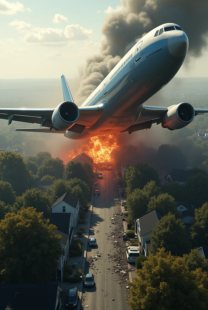 create an image of the Moment of Impact, with the Boeing 707 crashing into trees and houses on Long Island, followed by an explosion and flying debris – A dynamic scene that portrays the devastating power of the crash hyperrealistic 3d hd cinematic