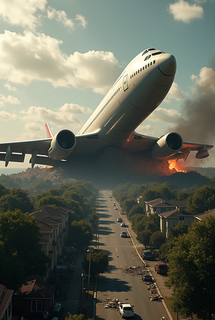 create an image of the Moment of Impact, with the Boeing 707 crashing into trees and houses on Long Island, followed by an explosion and flying debris – A dynamic scene that portrays the devastating power of the crash hyperrealistic 3d hd cinematic
