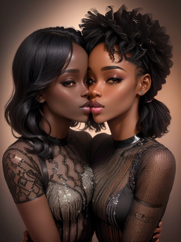 Two women kissing each other in a photo, lovely kiss, kiss mouth to mouth, couple kissing, kissing together cutely, dark skin, ( ( dark skin ) ), kissing together, making out, by Chinwe Chukwuogo-Roy, kissing, dark black skin, the kiss, kissing each other, photoshoot, beautiful artwork, black skin