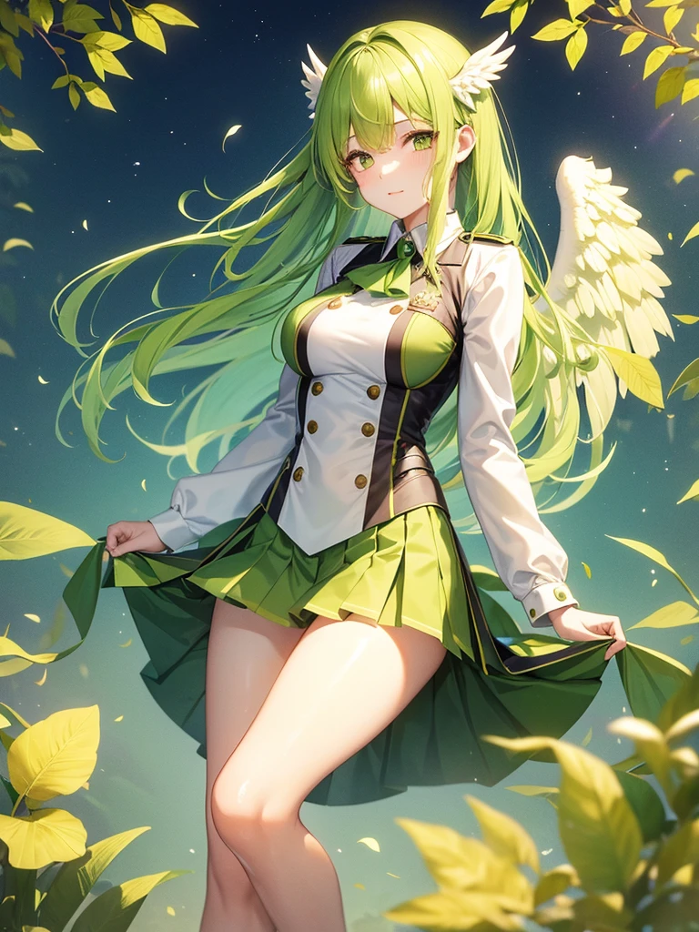 With green hair、An angel with wings blowing in the wind. She wears a uniform with green and gold stripes..whole body、AI images、beauty