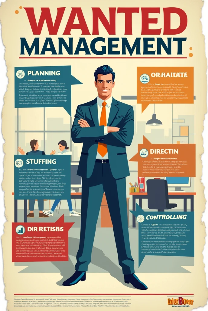 Want poster that describe management of functions - Planning, Organising, Staffing, Directing and Controlling. Through image 
Positive 
Easy 
Create section for each 
Easy
