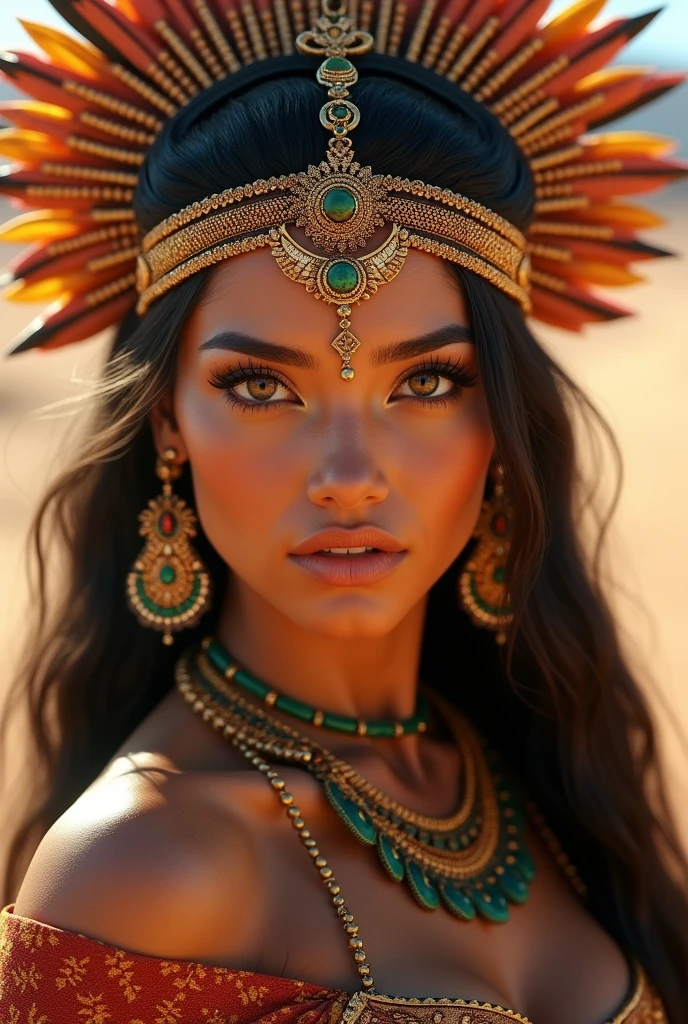 A captivating photo, (wide lens), of a gorgeous ancient Aztec woman in traditional native attire, elegantly posed, sensual and alluring, featuring intricate jewelry, detailed headdress, warm desert lighting, hyper-realistic textures, cinematic composition, a masterpiece by Sandro Botticelli and Gustav Klimt, high detail, 8k resolution, artstation trending, (to waist portrait)