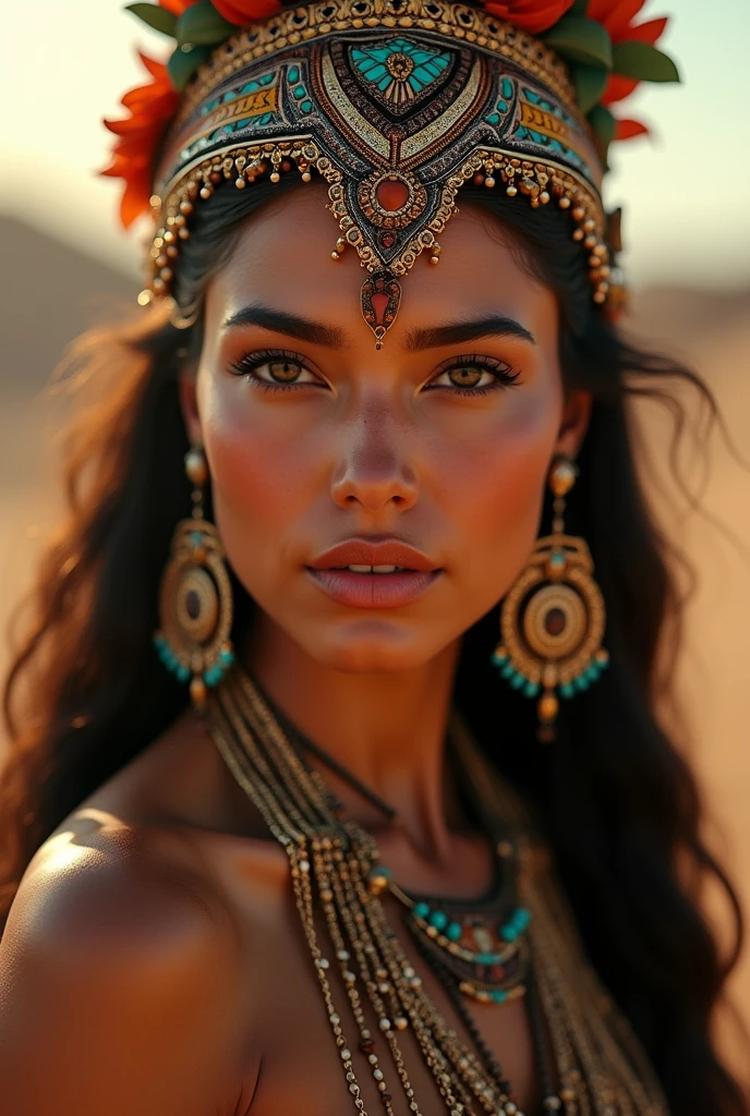 A captivating photo, (wide lens), of a gorgeous ancient Aztec woman in traditional native attire, elegantly posed, sensual and alluring, featuring intricate jewelry, detailed headdress, warm desert lighting, hyper-realistic textures, cinematic composition, a masterpiece by Sandro Botticelli and Gustav Klimt, high detail, 8k resolution, artstation trending, (to waist portrait)