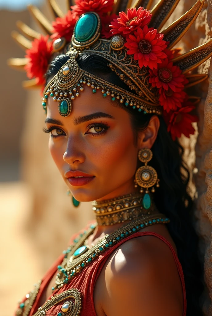 A captivating photo, (wide lens), of a gorgeous ancient Aztec woman in traditional native attire, elegantly posed, sensual and alluring, featuring intricate jewelry, detailed headdress, warm desert lighting, hyper-realistic textures, cinematic composition, a masterpiece by Sandro Botticelli and Gustav Klimt, high detail, 8k resolution, artstation trending, (to waist portrait)