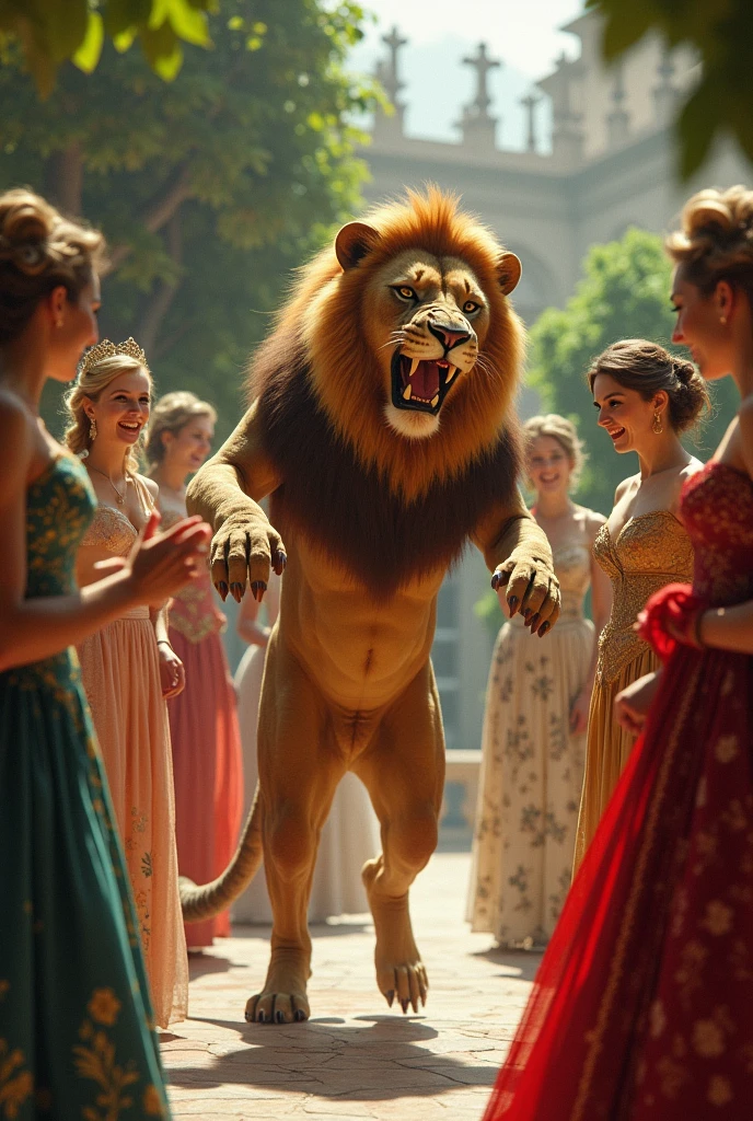 A funny movement of lion and king whomen.