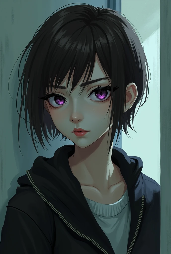 20 year old Caucasian girl, Her hair is short brown, Her skin is white, His expression is serious and cold, He seems like a bad person, Digital illustration of video game characters