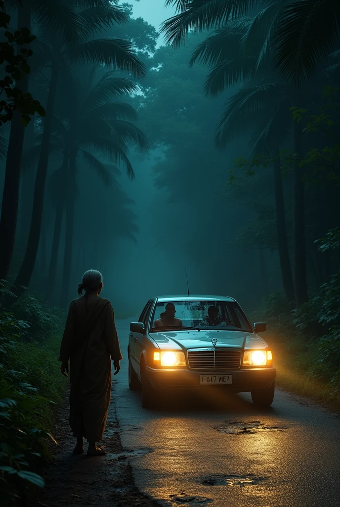 A man driving car at night in a jungle, stops the car Infront of a old poor women.