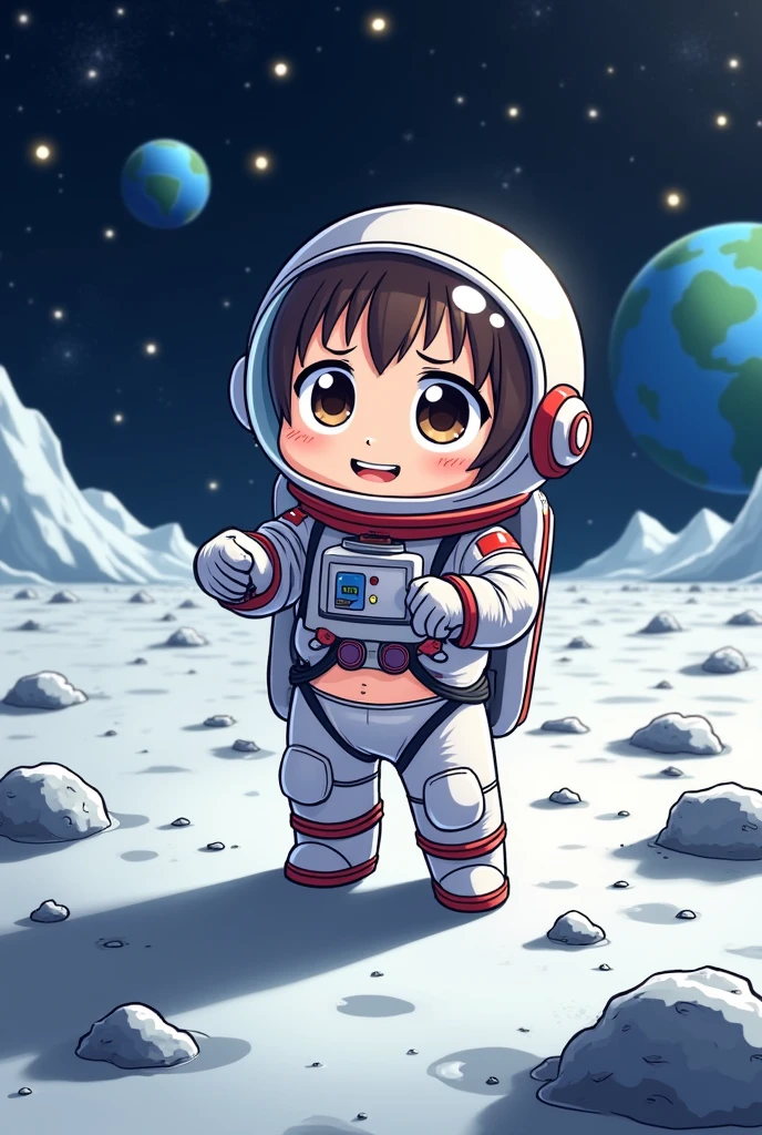 An astronaut wondering why he went to the moon without any underwear in anime style looking at the part where the underwear would be