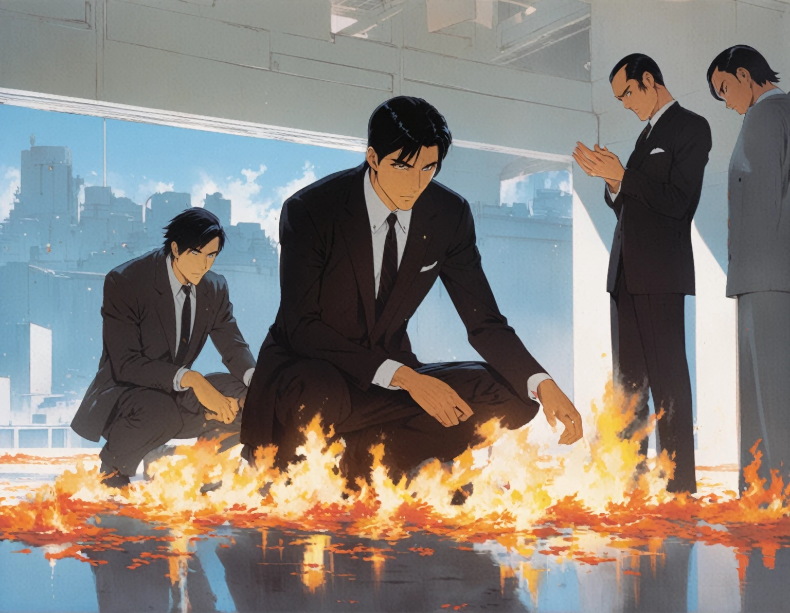 two men kneeling in fire while two others stand and watch, by Yamagata Hiro, kentaro miura art, edward, makoto kobayashi, anime portrait of a handsome man, naoya tanaka, inspired by Sakai Hōitsu, masami kurumada, anime handsome man, by Tanaka Isson, michael, by Yoshihiko Wada