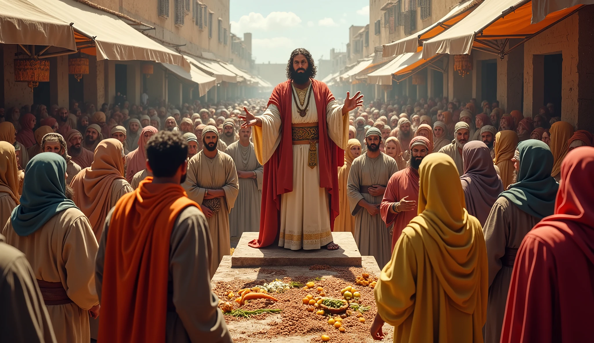 Create a hyper-realistic image of Solomon observing a resource distribution ceremony in an open-air marketplace, with upper angle. The market is vibrant with colorful stalls and a diverse crowd, including merchants and citizens wearing typical costumes from the biblical era. Solomon is positioned on a raised platform, blessing and guiding the distribution of food and goods. The image should capture the movement and energy of the scene, with details on the interaction between people and the richness of the market.