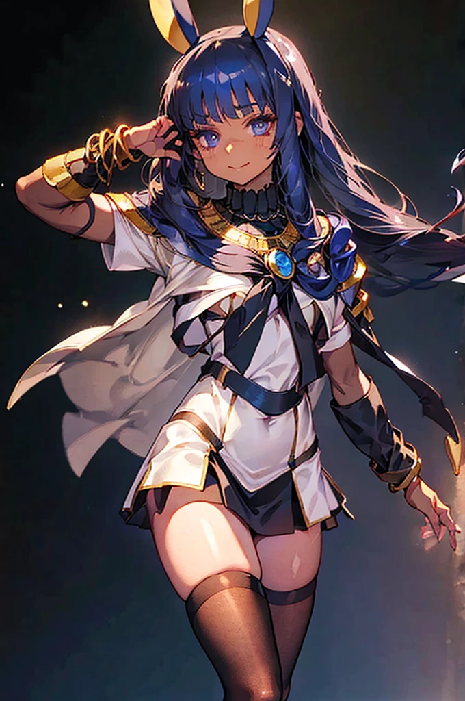 Black background with spotlight, Long eyelashes, Black background with spotlight,　White jacket、White mini skirt、Nitocris, beautiful girl、Raise your arm and show your armpit., Brown Skin、Black Stockings