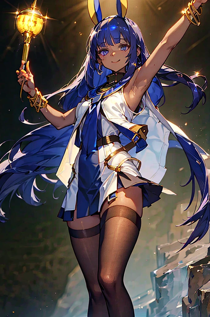 Black background with spotlight, Long eyelashes, Black background with spotlight,　White jacket、White mini skirt、Nitocris, beautiful girl、Raise your arm and show your armpit., Brown Skin、Black Stockings