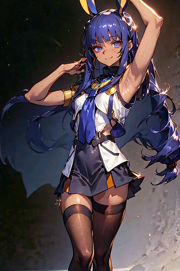 Black background with spotlight, Long eyelashes, Black background with spotlight, White jacket、White mini skirt、Nitocris, beautiful girl、Raise your arm and show your armpit., Brown Skin、Black Stockings