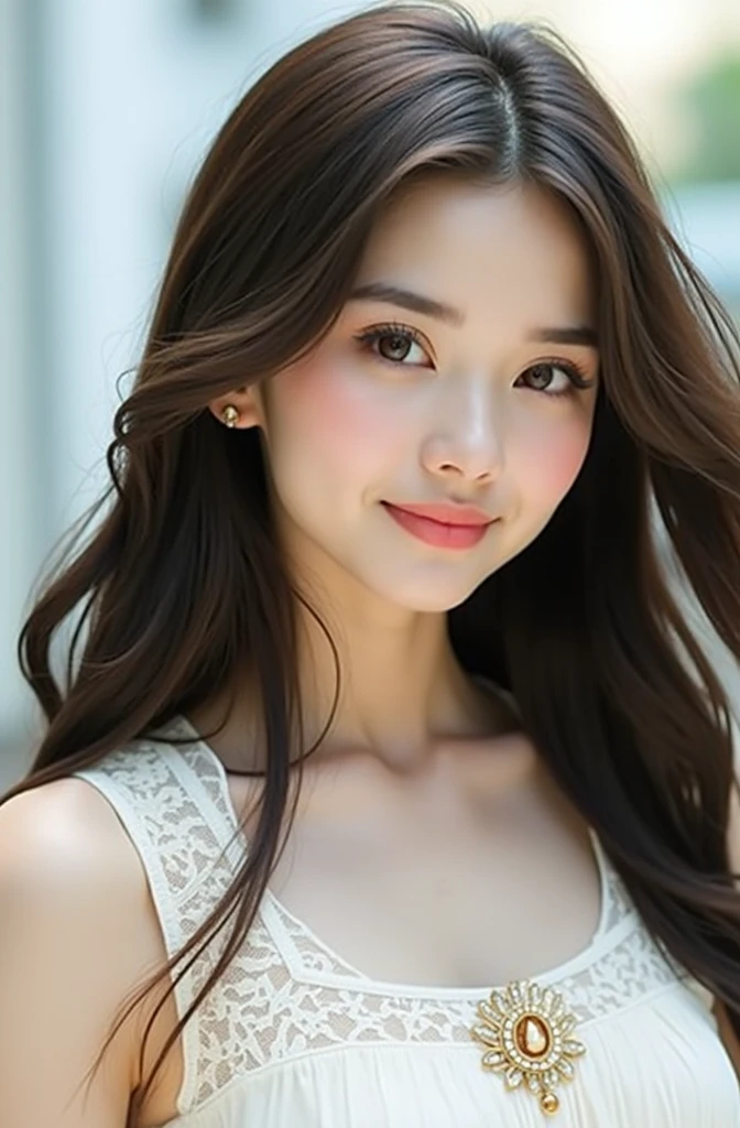 A young woman with delicate, refined facial features. She has long, sleek, and naturally flowing dark brown hair with subtle lighter brown highlights. Her hair gently frames her face, with soft bangs resting lightly on her forehead. Her skin is flawless, smooth, and fair, with a light, healthy glow. She has large, almond-shaped eyes, characterized by long, dark lashes and light brown irises, which add a sense of warmth and kindness to her gaze. Her nose is and well-proportioned, and her lips are naturally full with a soft pink hue, curved into a gentle, serene smile. She wears small, elegant gold earrings, adding a subtle touch of sophistication to her look. Her outfit is a sleeveless, cream-colored top with intricate lace detailing, and a decorative brooch in the center, giving her a graceful and elegant appearance. The background is a soft and light outdoor setting, with bright natural lighting enhancing her overall radiant and charming look